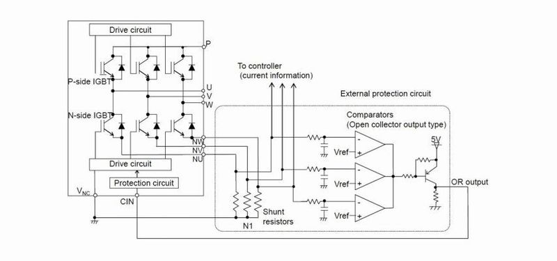 Bild 7: Nutzung von Emitter-Shunts zum SC-Schutz und zur Phasenstrom-Messung. (Bild: Mtsubishi Electric)