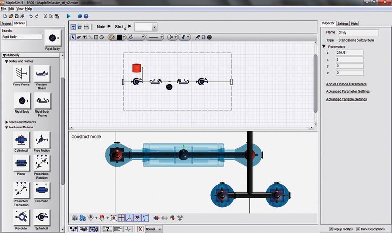Schéma 2D du sous-système de support dans MapleSim (moitié supérieure) et visualisation 3D (vue par au-dessus). (Image: MapleSoft)