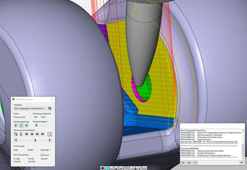 Für die Nachbearbeitung eines 3D-gedruckten Knie-Sonderimplantats aus Kobaltchrom-Implantat oder Titan nutzt der Aesculap-Prototypenbau unter anderem das tangentiale Schlichten aus dem Hypermill-Maxx-Machining-Paket mit einem konischen Tonnenfräser. (Bild: Open Mind)