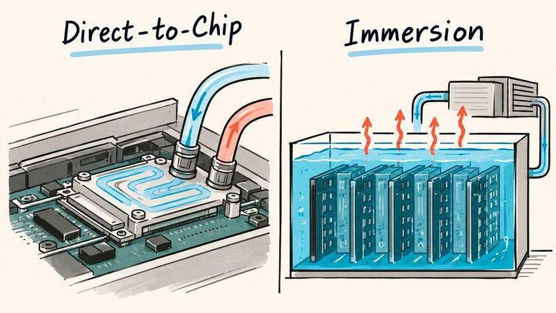 Illustration: Bei der Direct-to-Chip-Kühlung nimmt eine Kühlplatte die Wärme direkt am Prozessor auf. Bei der Immersionskühlung werden die elektronischen Komponenten dagegen vollständig in eine elektrisch isolierende Kühlflüssigkeit eingetaucht.(Bild:  Dall-E / KI-generiert)