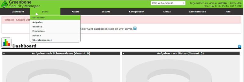 Nach der Einrichtung steht OpenVAS bereits zur Verfügung. Über die URL https://[Servername]:9392 lässt sich die Weboberfläche der Umgebung aufrufen. Das funktioniert auch lokal von der Kali-Oberfläche aus. Um die Weboberfläche auf der Appliance zu verwenden, reicht auch die Adresse https://[IP-Adresse].  (Bild: Th. Joos)