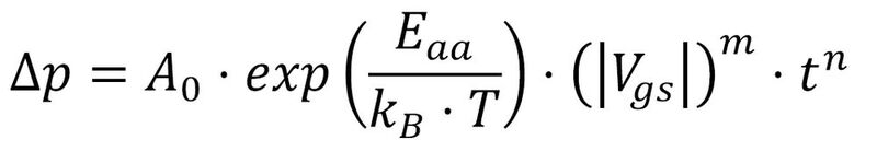 Bild 2: Die Standard-NBTI-Beschreibung [2] (mit Boltzmann-Konstante kB). Die Parameter A0, Eaa, m sowie n werden aus den gemessenen Eigenschaftsänderungen Δp für die Gate-Source-Spannung Vgs, die Temperatur T und die Zeit t bestimmt. (Bild: Fraunhofer IIS/EAS Dresden)