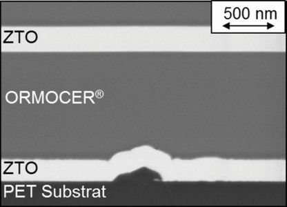 Bild 1: Beispiel eines Schichtsystems auf einem Polymersubstrat für den Einsatz als Permeationsbarrierefolie. ( Fraunhofer COMEDD)
