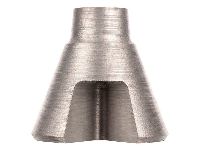 This tri-manifold converges three flow paths into one via internal channels. These channels would be impossible to machine, and instead would need to be drilled as straight holes and plugged. Printed on the Studio System 2, this complex part can now be produced in just a few days with very little hands on work. (Business Wire)