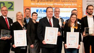 Contitech, Eaton, Gerotor und MWK Bionik sind die Gewinner des Industrial Energy Efficiency Award 2019 der Hannover Messe. (Hannover Messe)
