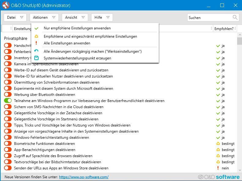 Datenschutz in Windows 10 mit O&OShutUp 10 konfigurieren. (Joos)