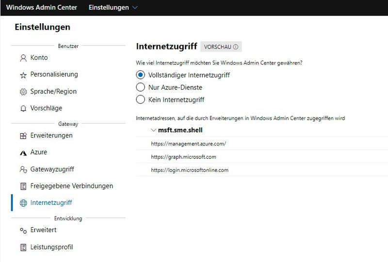 Der Internetzugriff kann im Windows Admin Center gesteuert werden.  (Bild: Joos / Microsoft)