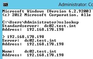 Abbildung 6: Zu jeder Analyse gehört auch ein Test der Namensauflösung mit „nslookup“. Der Name der Domänencontroller und die IP-Adressen müssen fehlerfrei aufgelöst werden. Nur so ist sichergestellt, dass die Domänencontroller miteinander kommunizieren können. (Joos)