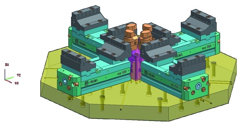 Kreuzförmiger Aufbau von  hydraulischen Varianten des Spannsystems SCS für die Mehrfachspannung; die hydraulische Betätigung ermöglicht eine gesteuerte Spannkraftreduzierung.    Bild: Hilma (Archiv: Vogel Business Media)