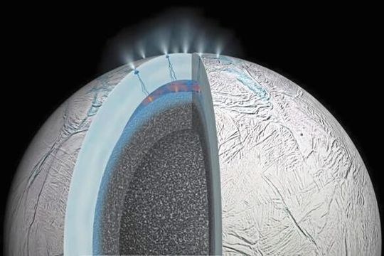 Darstellung des Saturnmondes Enceladus. Die Abbildung zeigt die hydrothermale Aktivität des Mondes und die Risse in der Eiskruste. Durch die Risse werden Eisteilchen, die sich aus dem unterirdischen Ozeanwasser bilden, in das Weltall ausgestoßen.(Bild:  NASA/JPL-Caltech)