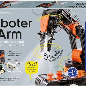 Der Modellbausatz für einen elektrischen Roboterarm von Kosmos ist mit fünf Motoren und Steuereinheit ausgestattet. So ist er um fünf Achsen steuerbar und weist einen Radius von bis zu 300° auf. Zudem ist der Bausatz mit LED-Beleuchtung ausgestattet. Die Altersempfehlung für Kinder liegt zw. 10 und 16 Jahren. Der Kosmos Roboter-Arm ist der Preis-Leistungssieger unter den Roboter-Bausätzen bei vergleich.org. Der Preis liegt zw. 48 Euro und 62 Euro. (Bild:  Kosmos / gefunden auf amazon.de)