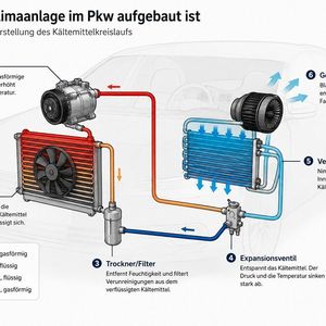 Der Aufbau einer Klimaanlage ist relativ einfach. Das Kältemittel dient es Transporteur für die Wärme von Innen nach außen.(Bild:  sp-x/KI)