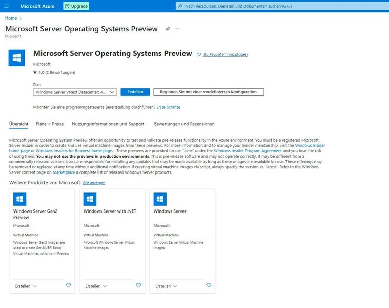 Installieren einer neuen Azure-VM mit Windows Server vNext. (Bild: Joos)