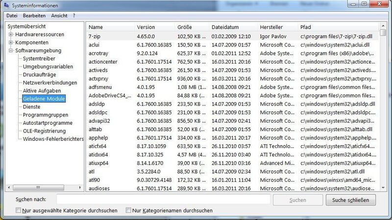 Abbildung 3: Die Systeminformationen (hier Windows 7) zeigen Treiber, geladene Module, Dienste und Weiteres. (Archiv: Vogel Business Media)