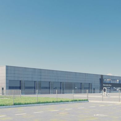 So soll das Nutzfahrzeugzentrum von Daimler Truck in Koblenz aussehen, wenn es 2028 eröffnet. (Bild: Freyler Industriebau GmbH)