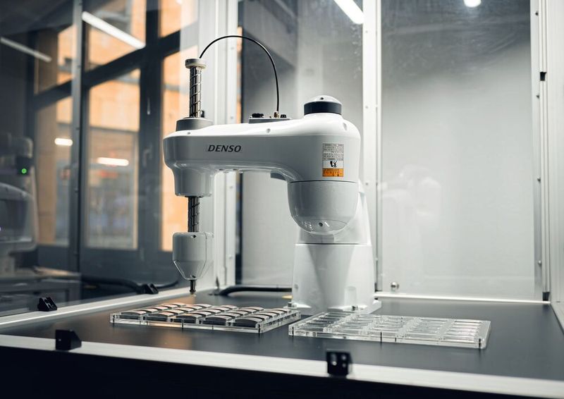 Zuverlässiges Bin Picking: Dank der KI-basierten 3D-Kamera am Roboterarm identifiziert und greift der Cobotta Pro 900 selbst transparente Werkstücke unter schwierigen Lichtverhältnissen sicher aus dem Schüttgut. (Bild: Denso Robotics)