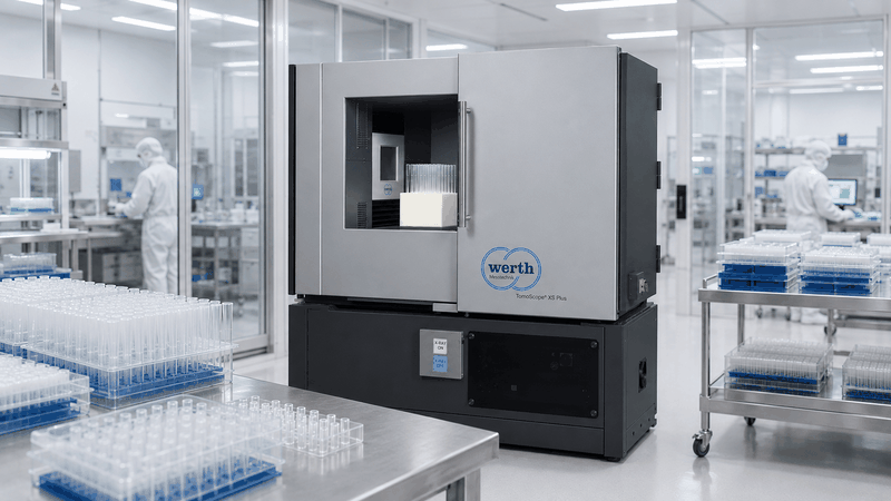 Fertigungsnahe CT-Messung: Das Tomo Scope XS Plus prüft Pipettenspitzen mit integriertem Werkstückwechsler direkt in der Produktionsumgebung.(Bild:  Werth Messtechnik)