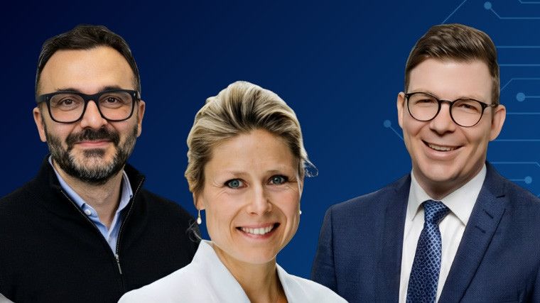 Die Talk-Gäste des Blueprint am 21. Juli (v.l.n.r.): Dr.-Ing. Matteo Berioli, CEO Augusta Space;  Dr.  Yvonne Weitsch, Market Segment Manager Aerospace & Defense, Rohde & Schwarz und Dr.-Ing.  Christoph Spranger, CEO VITES.(Bild:  Cadfem)