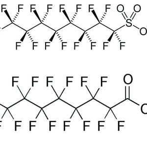 2	 Chemische Struktur des PFOS (oben) und der PFOA (unten)