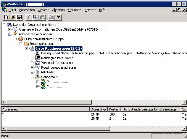 Abbildung 1: WinRoute zeigt die Routinginformationen aus Sicht des Routinggruppenmasters an. Über Symbole und Beschreibungen kann der Zustand der Routinggruppen und Routinggruppenmitglieder erkannt werden. Aus Datenschutzgründen sind in der Abbildung die Hostnamen und GUIDs entfernt worden. (Archiv: Vogel Business Media)