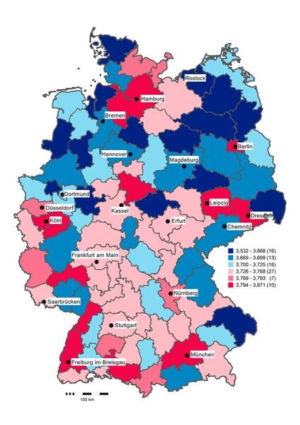 Psychologische Deutschlandkarte zum Merkmal Offenheit (rote Werte: hoch, blaue Werte: niedrig). (Obschonka, Wyrwich, Fritsch, Gosling, Rentfrow, Potter)