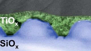 Die Nanostruktur zum Lichteinfang wird auf Siliziumoxid (blau) eingeprägt und dann mit Titanoxid (grün) eingeebnet. So entsteht eine optisch raue, aber dennoch glatte Schicht. (Helmholtz-Zentrum Berlin)