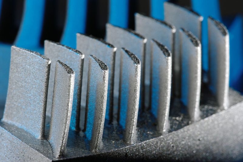 Bild 3: Mithilfe von SLM gefertigter Schaufelcluster. Triebwerke lassen sich schneller montieren und weisen weniger Verluste auf, wenn die einzelnen Bauteile bereits sechs Schaufeln umfassen anstatt wie bisher lediglich zwei. (Bild: Fraunhofer ILT)