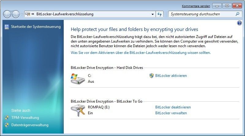 Schneller Zugriff: Das BitLocker-Verwaltungstool erleichtert die Aktivierung. (Archiv: Vogel Business Media)
