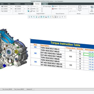 Einfache Tabellen lassen sich nun mit wenigen Mausklicks an das MBD-Modell anhängen und Zellen mit Geometrie koppeln. Formatieren und Anpassen sind möglich, Tabellen lassen sich vordefinieren und in einer Bibliothek speichern. Intelligente Parameter in der Tabelle helfen beim Automatisieren. (Bild:  PTC)
