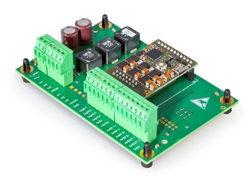 ESCON Module Motherboard Sensorless mit aufge-stecktem ESCON Module 50/4 EC-S (Bild: Maxon Motor)