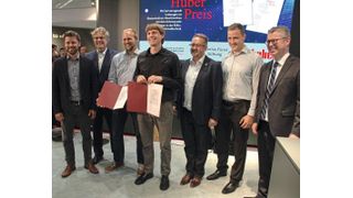V.l.n.r.: Prof. Dr. Matthias Stripf, Prof. Dr. Michael Arnemann, beide Hochschule Karlsruhe, die Preisträger Joseph Michel und Florian Theobald, Daniel Huber, Dr. Jakob Schaaf, Peter Huber Kältemaschinenbau und Prof. Dr. Jens Denecke, Hochschule Karlsruhe (Ottleben/LABORPRAXIS)