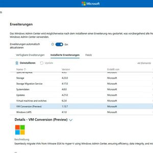 Installierte Erweiterung „VM Conversion (Preview)“ im Windows Admin Center, über die die Migration virtueller Maschinen von VMware nach Hyper-V gestartet werden kann.(Bild:  Microsoft - Joos)