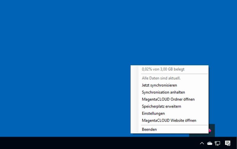 Über das Kontextmenü des MagentaCLOUD-Icons können die Einstellungen festgelegt werden. (Telekom/Joos)