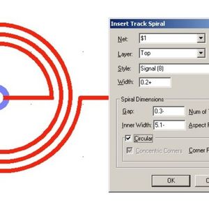 Mit dem Hug-Mode kann man einem Design einzelne oder eine Serie von Leiterbahnen hinzufügen, die sich an die bereits bestehende Leiterbahn anschmiegen (hier: Spiral Track)