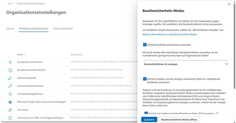 Der Opt-in-Dialog des Baselinesicherheits-Modus aktiviert sechs auswirkungsarme Standardrichtlinien automatisch und holt die Zustimmung zur Anzeige endbenutzeridentifizierbarer Auswirkungsberichte ein. (Bild: Joos)