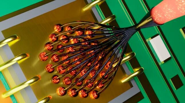Monolithisches Packaging: Die mikroskalige Photonic Lantern wird ohne zusätzliche Linsen direkt auf den VCSEL-Chip gedruckt.(Bild:  Yoav Dana)
