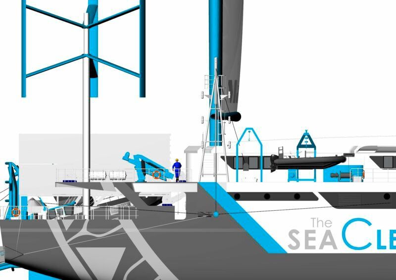 Zwei Kräne, die sich auf dem Hauptarbeitsdeck auf beiden Seiten des Katamarans befinden, können große Plastikteile aus dem Wasser heraus hieven. Hierbei können Taucher von einem Beiboot aus zum Einsatz kommen. (Bild: The SeaCleaners)