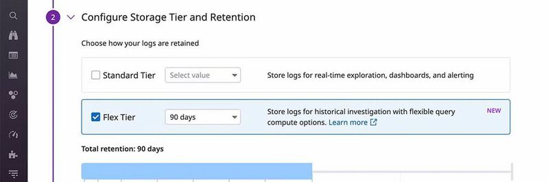 Mit Flex Logs können Benutzer wählen, welche Protokolle für Echtzeitwarnungen und Dashboards angezeigt und welche für langfristige Abfragen gespeichert werden sollen.(Bild:  Datadog)