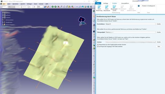 Formfläche mit Teilungsskizze: Catia V5 (links) und Clous.Engine (rechts).(Bild:  Clous)