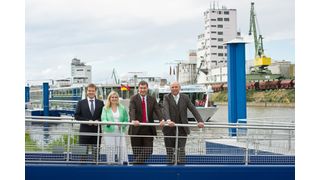 Trafen sich zum 50-jährigen Jubiläum (v.l.): Bayernhafen-Geschäftsführer Joachim Zimmermann, Staatssekretärin Melanie Huml, Finanzminister Dr. Markus Söder und Heribert Trunk, Präsident der IHK Oberfranken. (Bild: Bayernhafen)