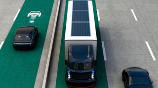 Ein E-LKW (40t) mit ca. 38 m² Photovoltaik-Dachfläche könnte ca. 5000 km pro Jahr mit eigenem PV-Strom zurücklegen. (Clipdealer)