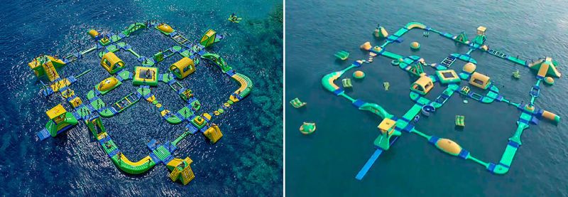 The second prize of the Plagiarius was awarded to an inflatable water park. The imitator copies the product, meaning the complete Sports Park including all details such as life vests, and uses the original “Wibit-hand”-design mark. Additionally, he adopted concept and music of the original Wibit commercial video.
Original (left): Inflatable water park “Wibit Sports Park XL” by Wibit Sports GmbH, Germany; Plagiarism (right): Sunny Kingdom, China (Aktion Plagiarius e.V.)