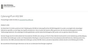 Das Hochschulzentrum Baden-Württemberg informiert auf seiner Webseite über den Cyberangriff vom 7. Oktober 2026. (Bild: Vogel IT-Medien GmbH)