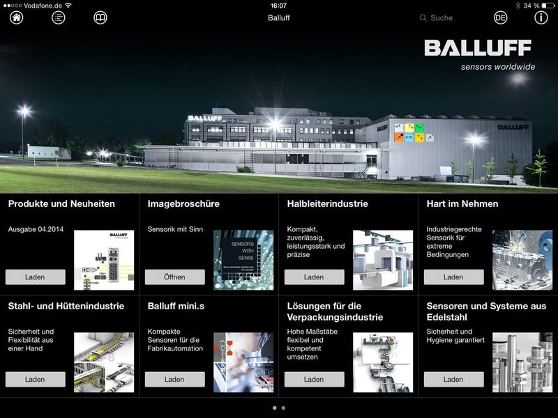 Über die App können sämtliche Produkte gesucht und Broschüren des Unternehmens heruntergeladen werden. (Balluff)