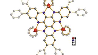 Die Struktur des untersuchten Moleküls (Titan in rot dargestellt, Stickstoff in blau, Kohlenstoff in grau). Der Grundkörper des Moleküls ist hervorgehoben, die Wasserstoffatome zur Vereinfachung hingegen ausgeblendet. (Bild: Rüdiger Beckhaus / Universität Oldenburg)