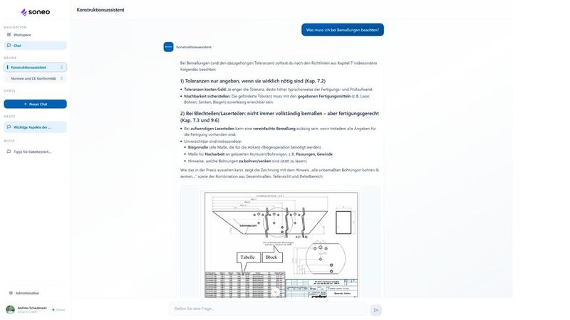 Der Konstruktionsassistent beantwortet Fragen auf Basis vorhandener Dokumente. (Bild: Soneo)
