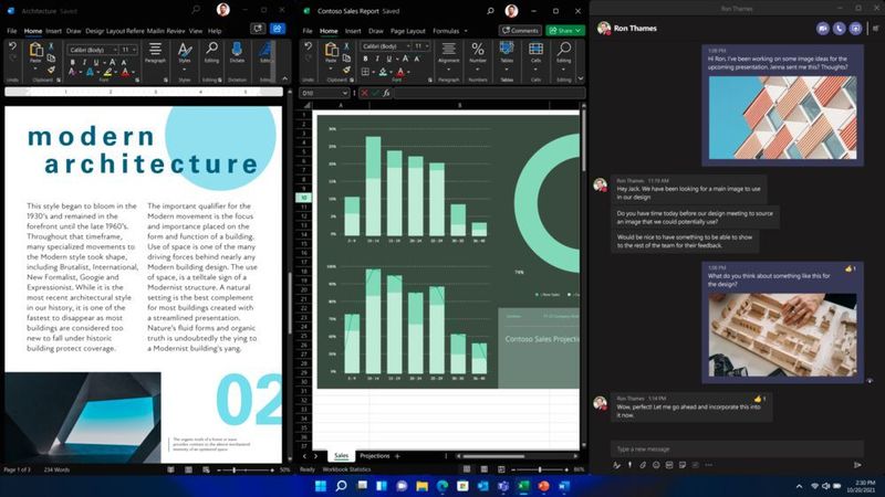 Mehrere parallele Desktops gibt es schon in Windows 10; in Windows 11 soll sie einfacher nutzbar sein, etwa um eigene Bereiche für Firmenanwendungen, private Apps und Games zu schaffen. (Microsoft)