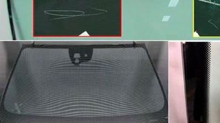 Diese Bildercollage zeigt mögliche Fehler an Windschutzscheiben. Oben: nicht dauerhafter Dekordruck; Mitte: Optikfehler; unten: nicht maßhaltige Anbauteile oder Drucke. (Saint-Gobain)