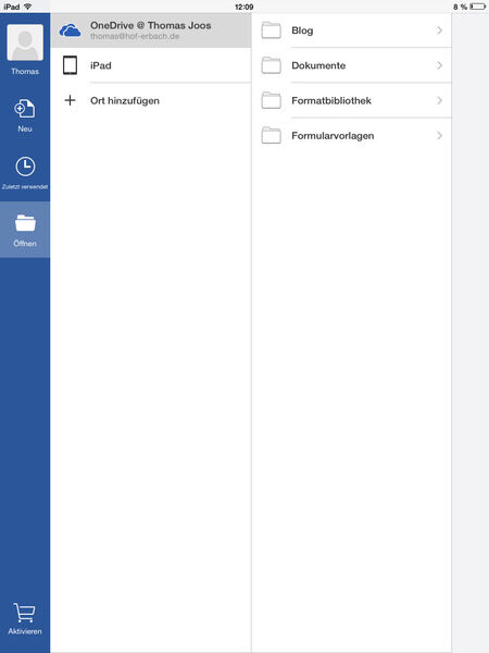 Abbildung 3: Mit den Office-Apps auf iPads können Anwender auch Dokumente in OneDrive for Business, ehemals SkyDrive pro, speichern. (Bild: Joos)