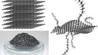 Graphit (links unten) besteht aus zahlreichen Lagen des Kohlenstoffs Graphen (links oben). Die in Freiburg entwickelten Graphen-Riesenmoleküle sind weniger als ein millionstel Millimeter dick, aber großflächig und erreichen Weiten von mehr als einem hundertstel Millimeter (rechts). (Bild: Universität Freiburg)